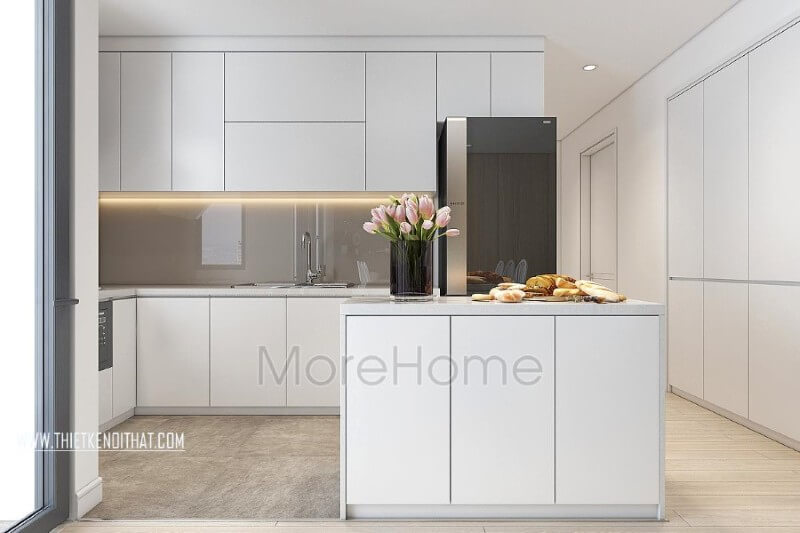 Thiết kế nội thất bếp chung cư hiện đại được quây gọn gàng thành một khu riêng biệt vẫn đảm bảo tính đồng nhất cho cả không gian Thiết kế phòng bếp đẹp và sang trọng